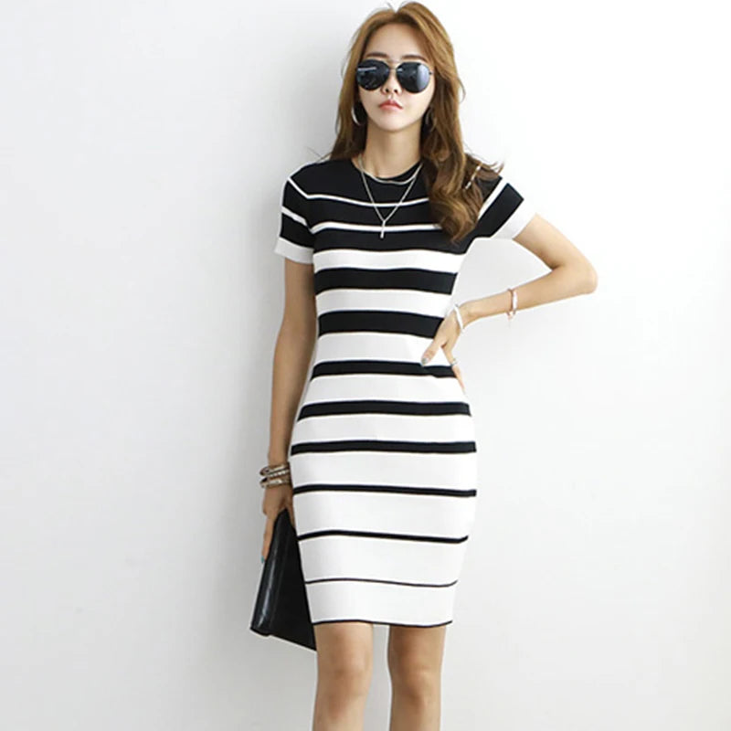 H Han Queen New Autumn Women Vintage Stripe Knitted Dresses Office Bodycon Pencil Sheath Dress Elegant Simple Bottoming Vestidos