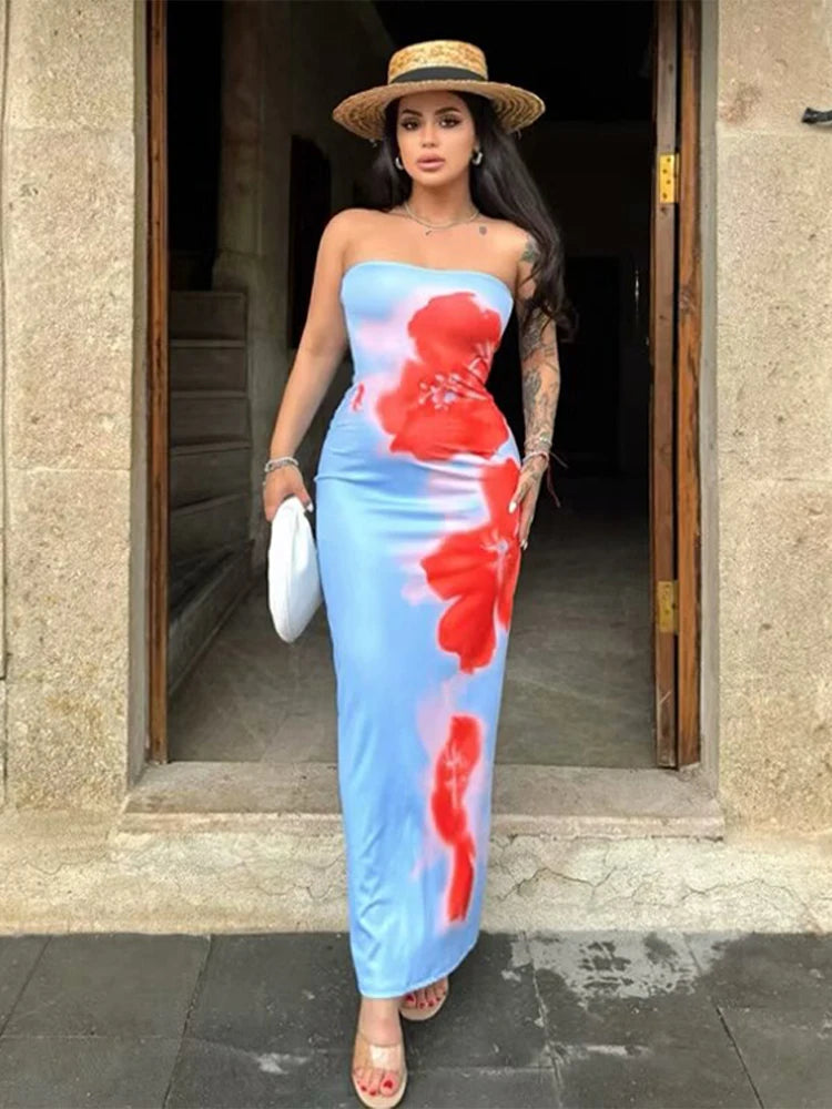 Chic Floral Print Strapless Long Dress Women Elegant Sleeveless Back Split Midi Dresses Lady Holiday Party Beach Backless Robe