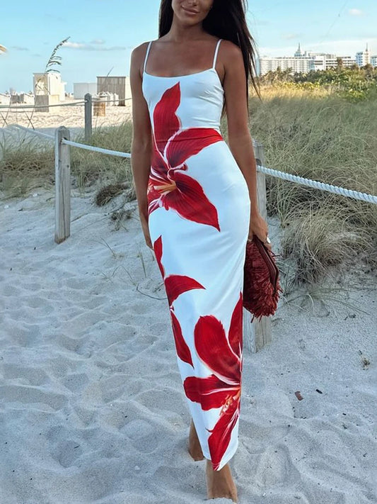 Tossy Summer Printed Maxi Dress For Women Backless Fashion Slim High Waist Spaghetti Dress Holiday Patchwork Female Long Dress