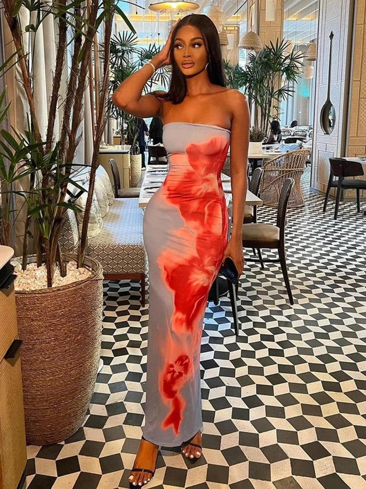 Chic Floral Print Strapless Long Dress Women Elegant Sleeveless Back Split Midi Dresses Lady Holiday Party Beach Backless Robe