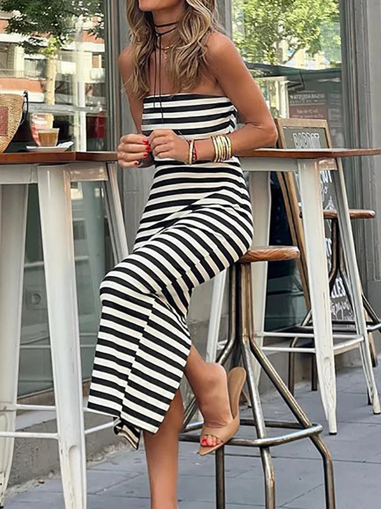 Maxi Dress Fashion Holiday Women Summer Striped Loungewear Sleeveless Slim Sheath Dress Backless Elegant Ladies Dress Streetwear